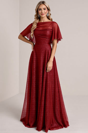 Glitter Burgundy A Line Bridesmaid Dress with Short Sleeves